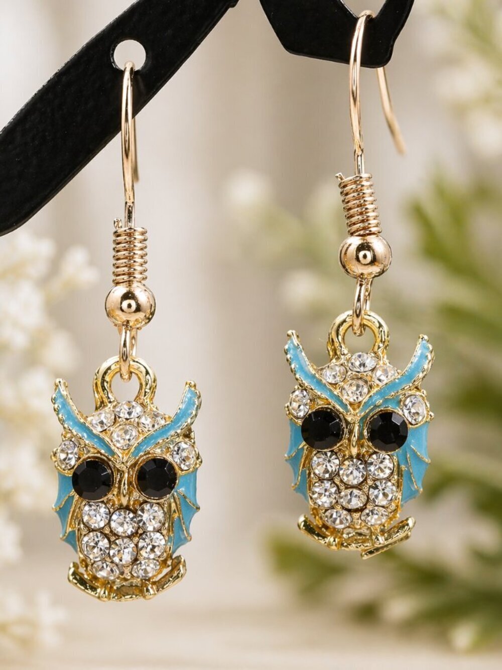 Gold Rhinestone Owl Drop Earrings